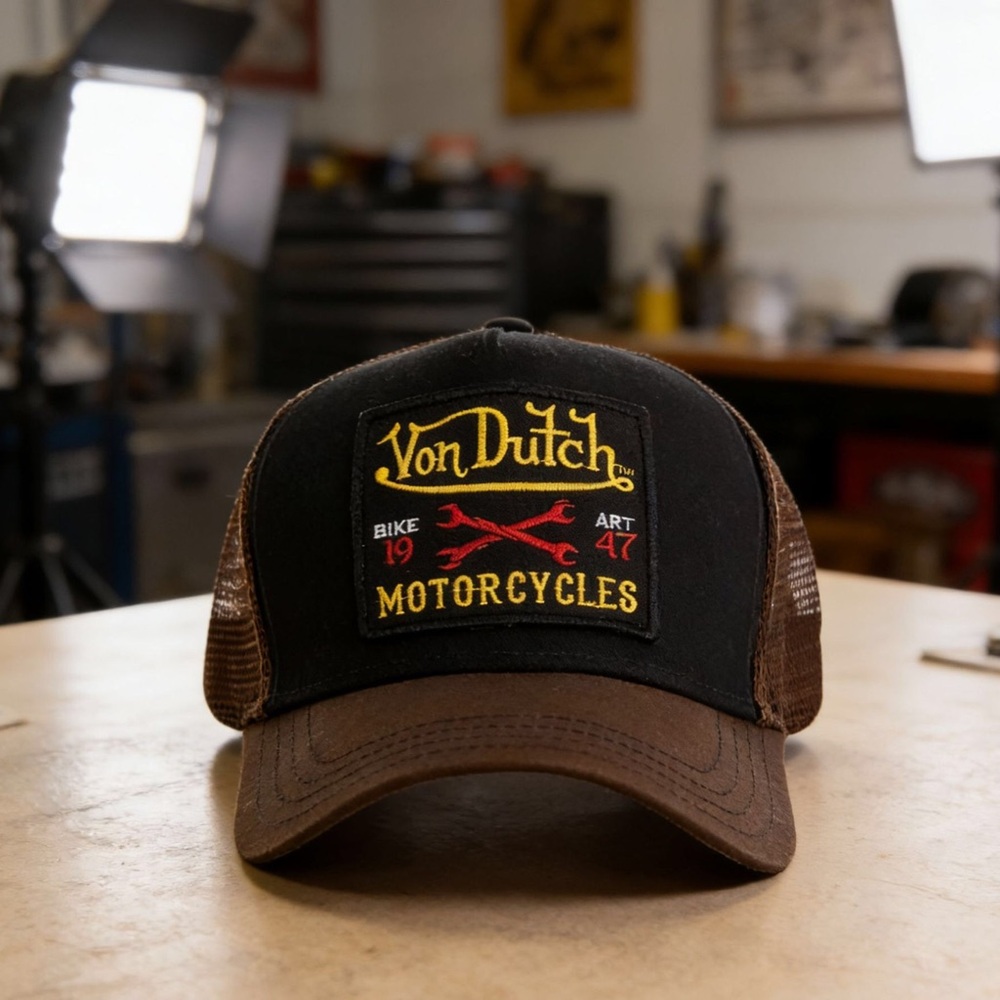 Von Dutch Black and Brown Motorcycles Patch Trucker Hat